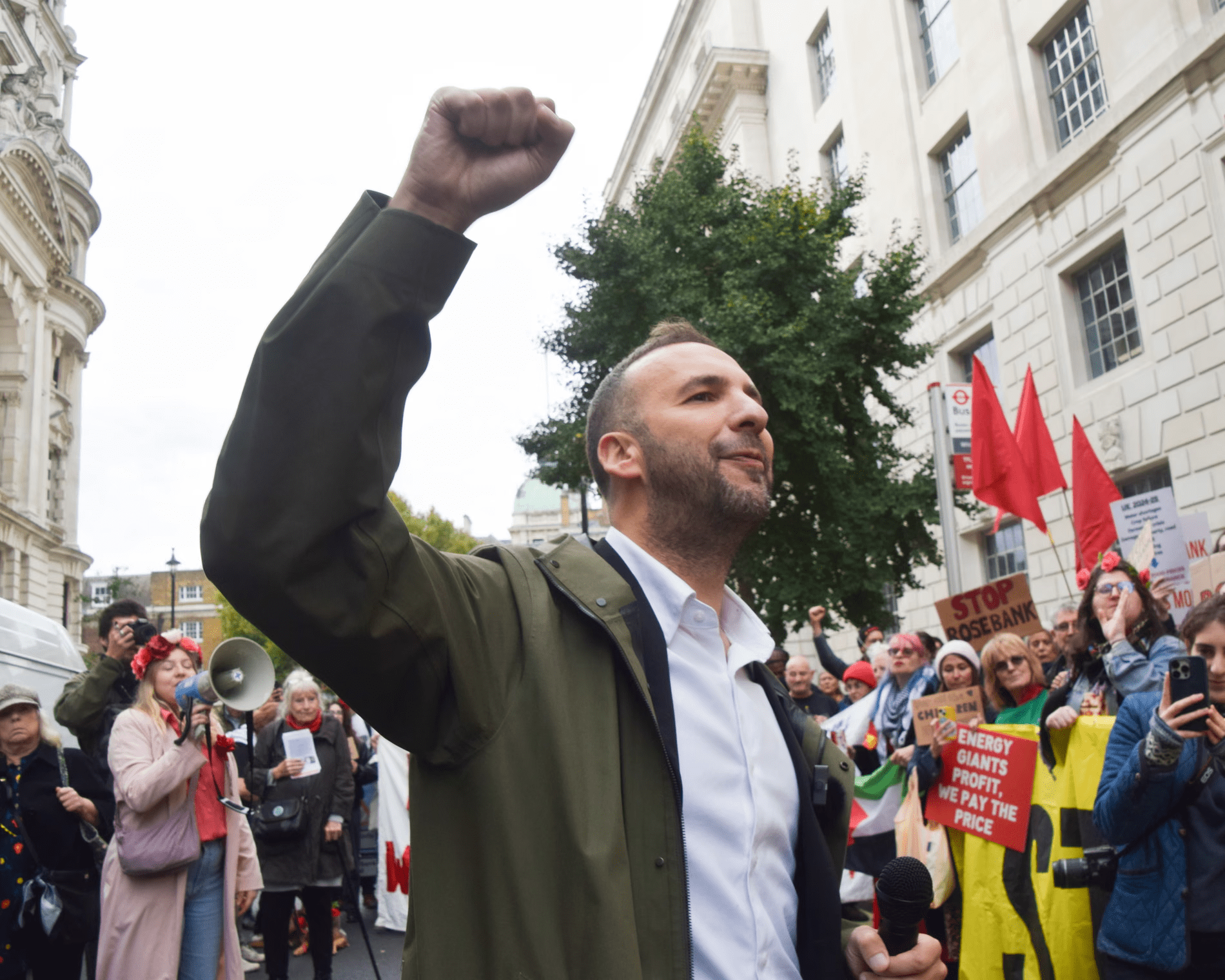 Polanski at a protest against the Rosebank oil and gas field, London, 18 October. Photograph: Vuk Valcic/ZUMA Press Wire/Shutterstock