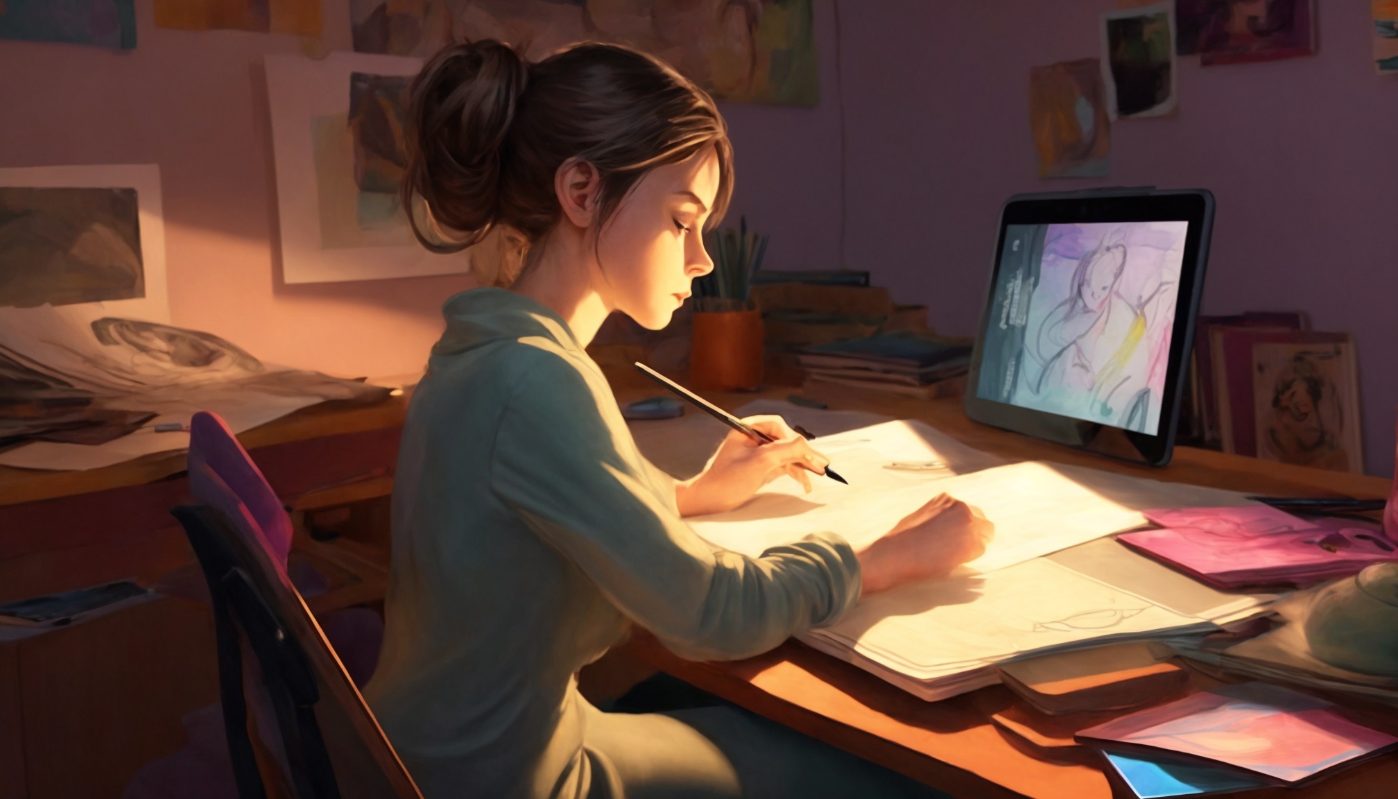Young woman deeply focused on digital art creation inspired by pop culture at a desk.