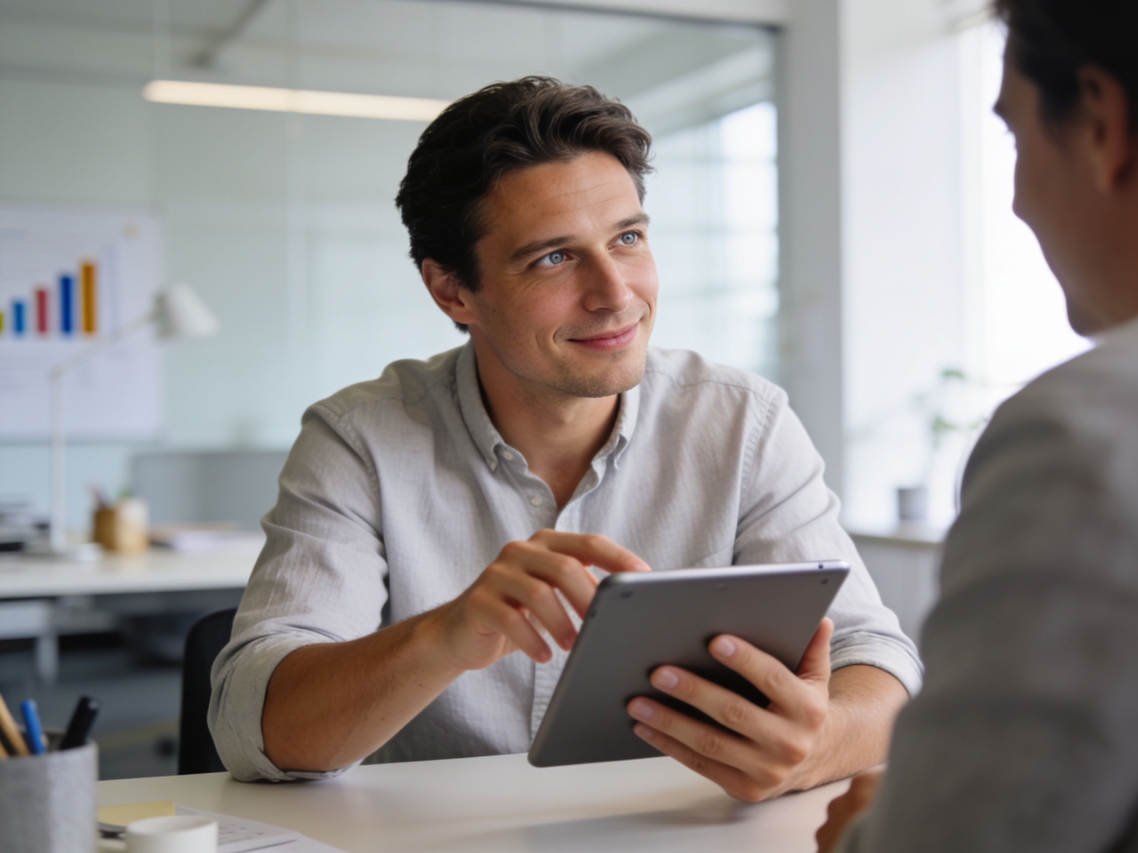Creative professional analyzing digital trends on a tablet in a modern office setting.
