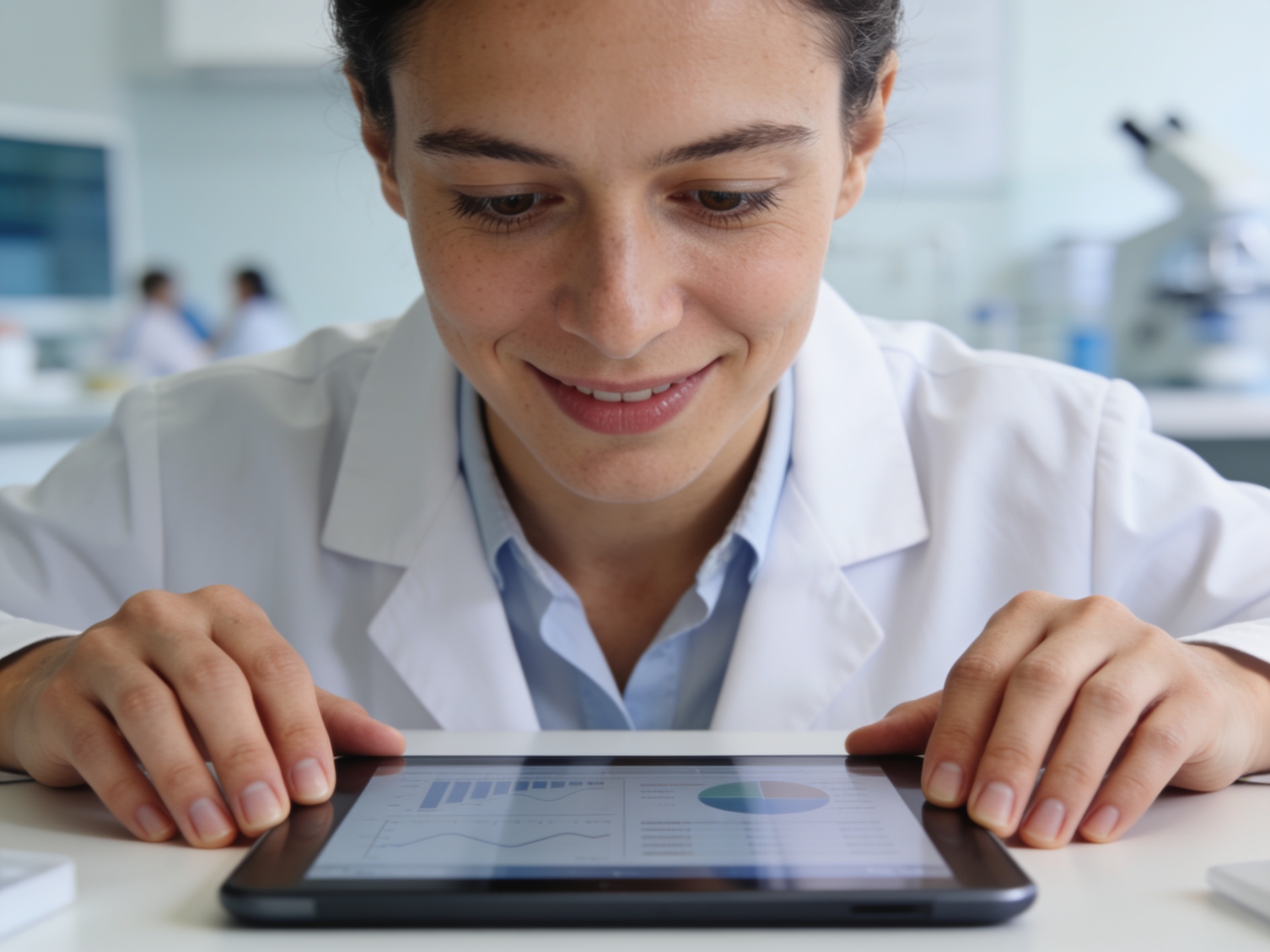 Researcher analyzing health data on a tablet in a modern clinic