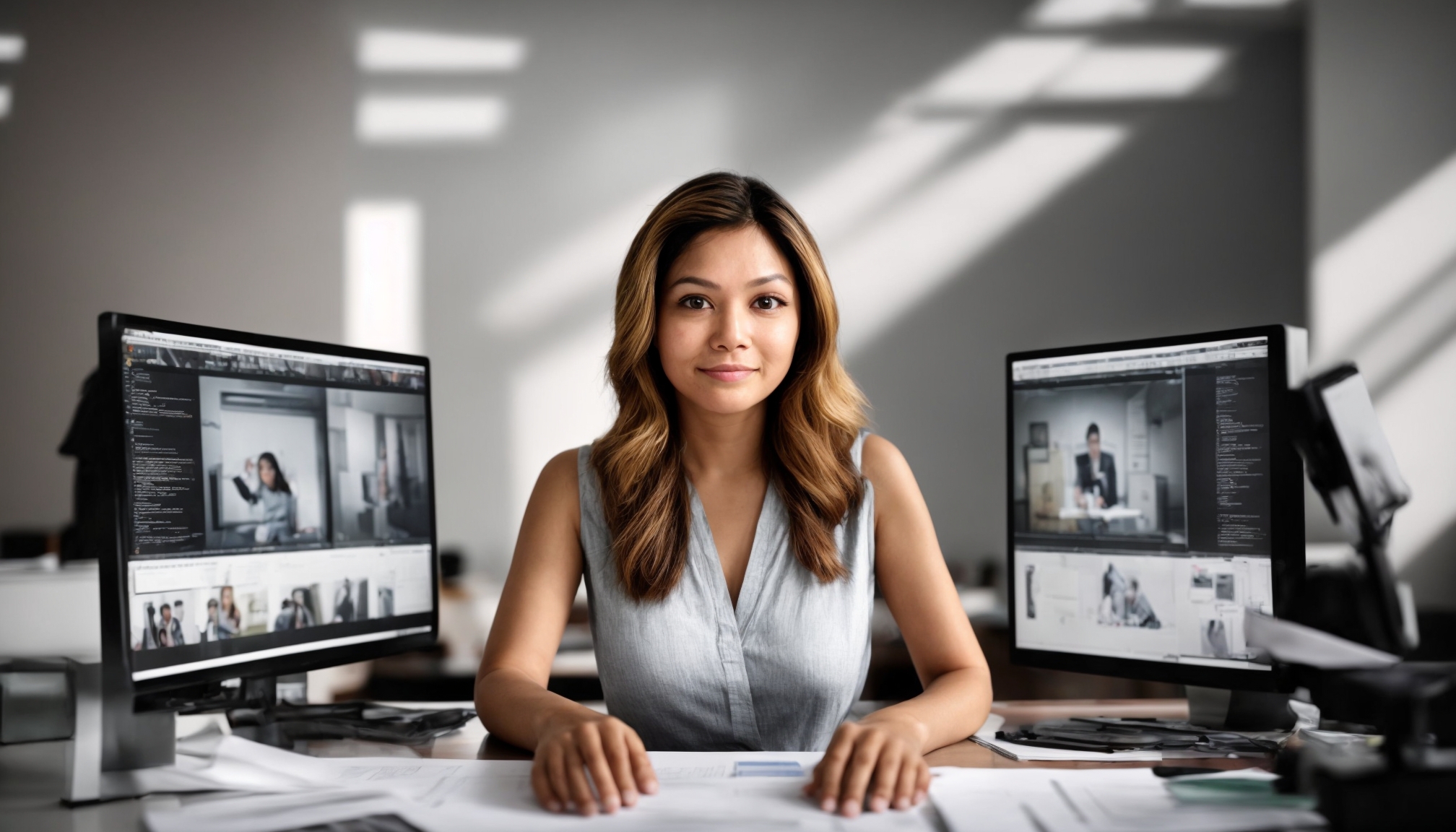 Cultural analyst analyzing viral content trends on multiple screens behind a modern desk